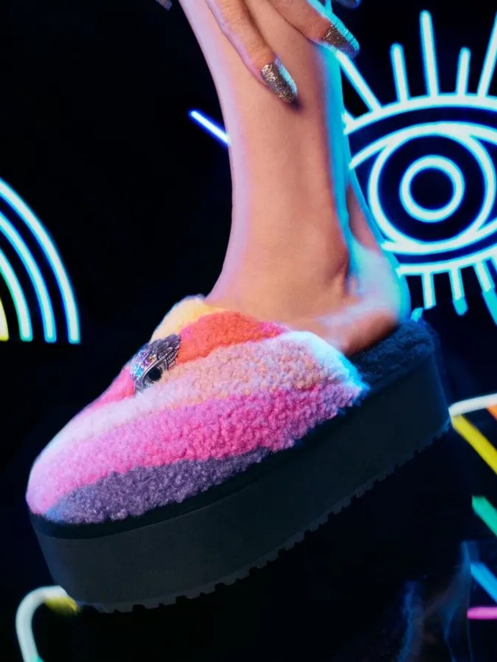 🆕️ Kurt Geiger London Kensington Rainbow Shearling Flatform Slipper US 8.5